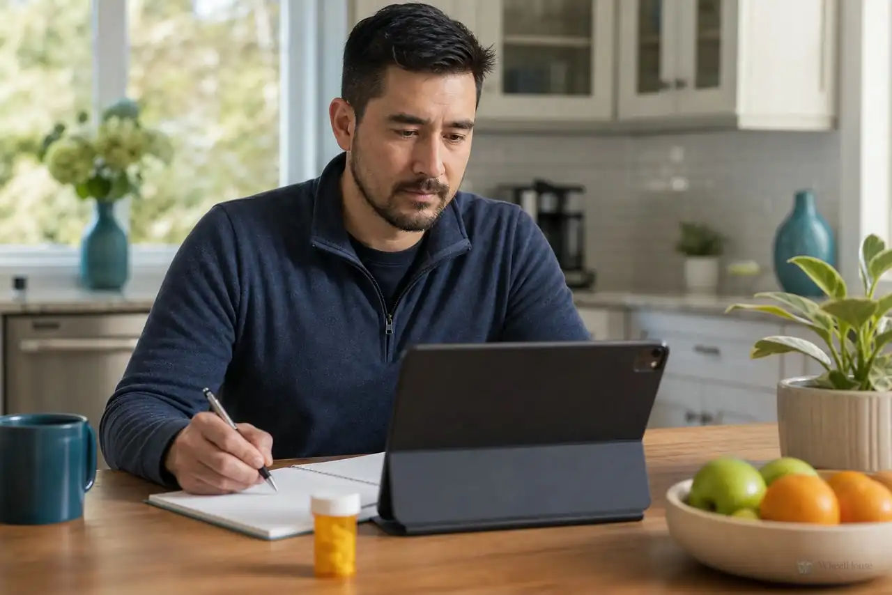 Patient preparing practical notes for men's health through telehealth
