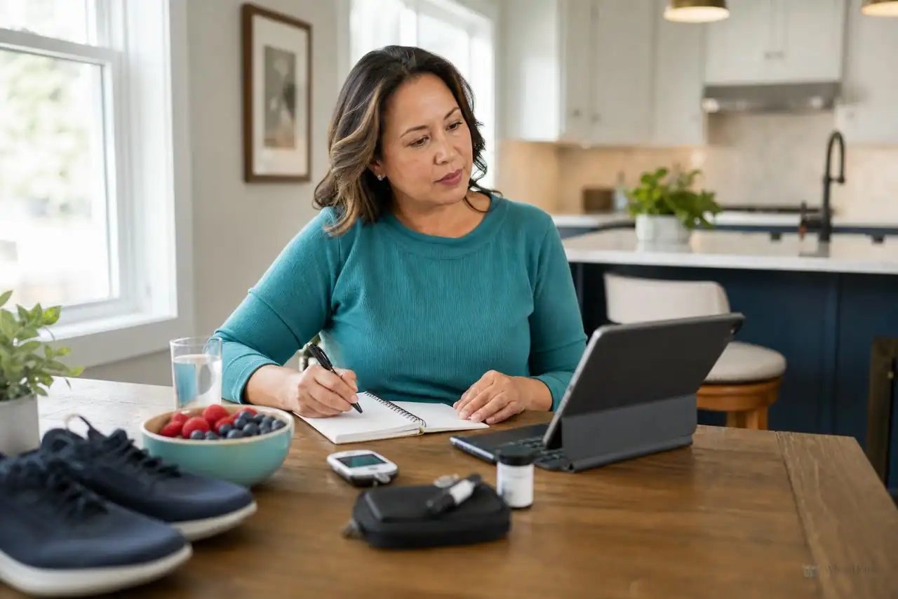 Patient preparing practical notes for daily diabetic foot care