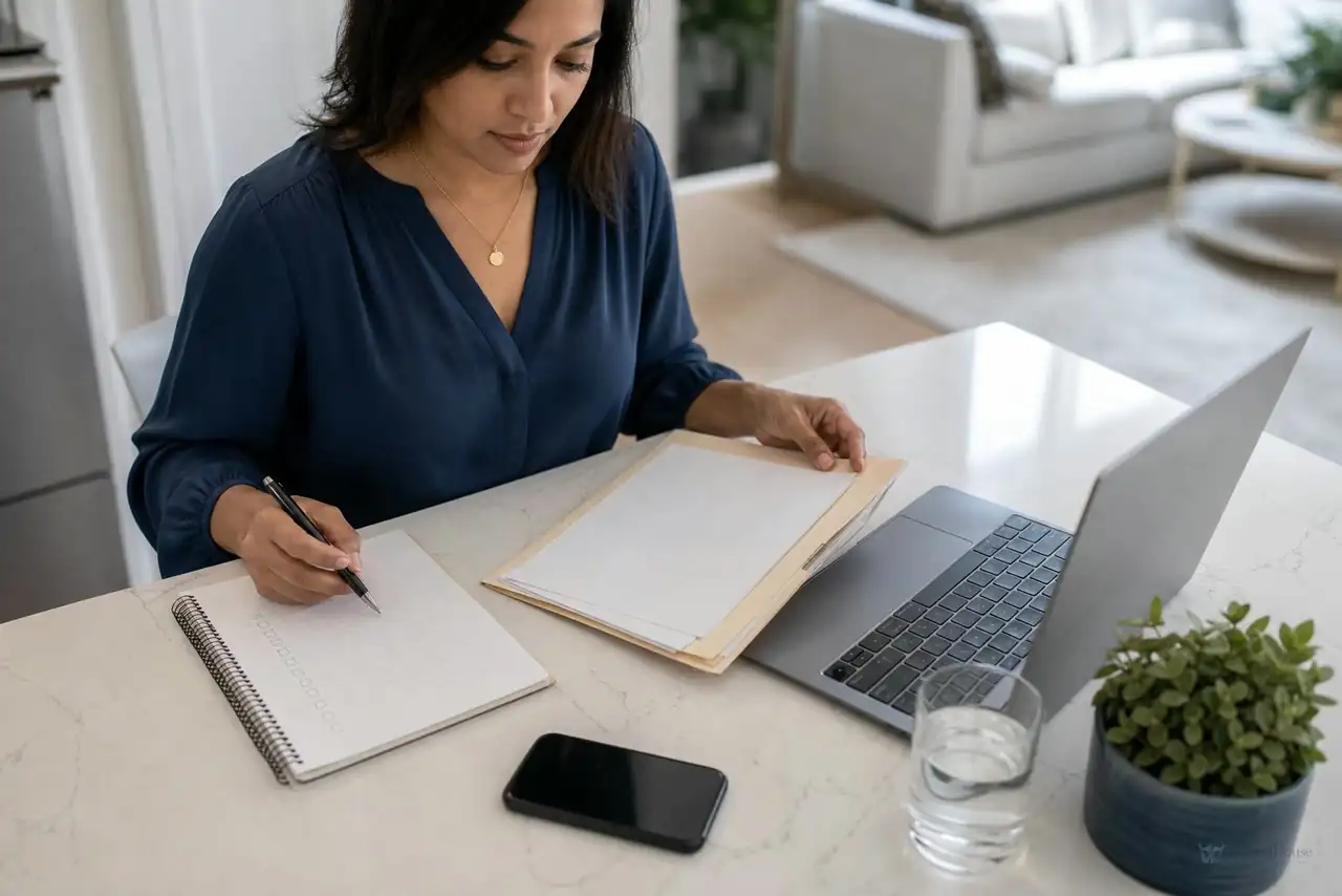 Patient organizing healthcare receipts and questions before contacting a benefits administrator