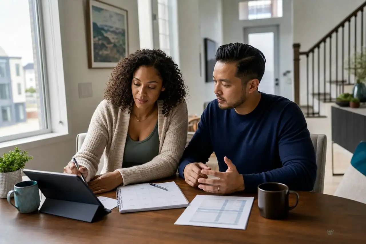 Couple discussing household healthcare budget at a dining table