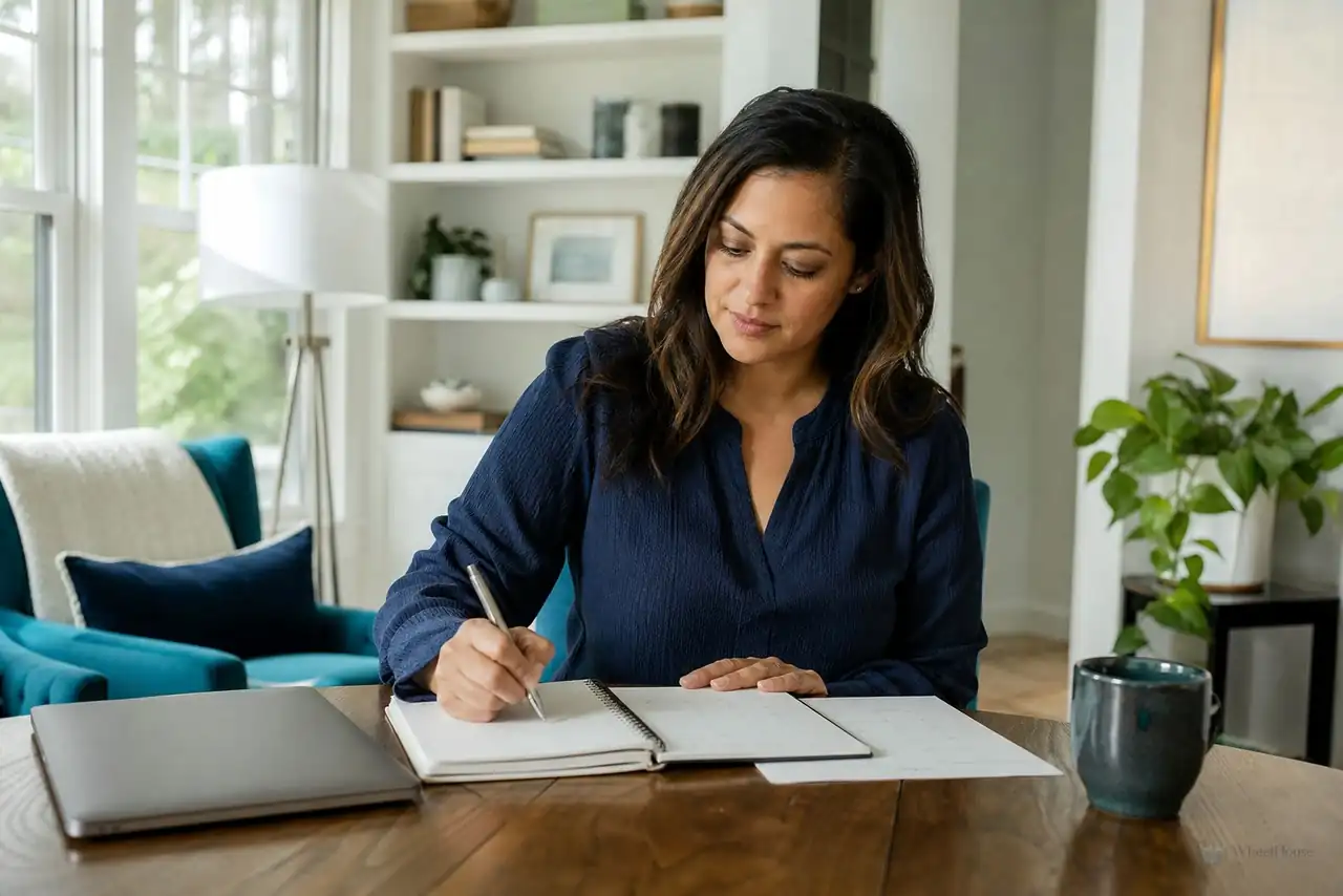 Patient writing down next steps after a telehealth appointment
