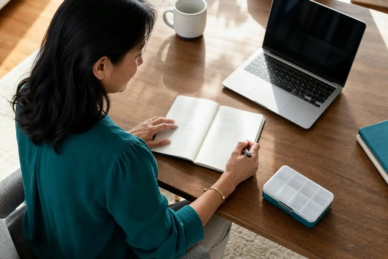 Patient preparing medication list and health questions before a video appointment