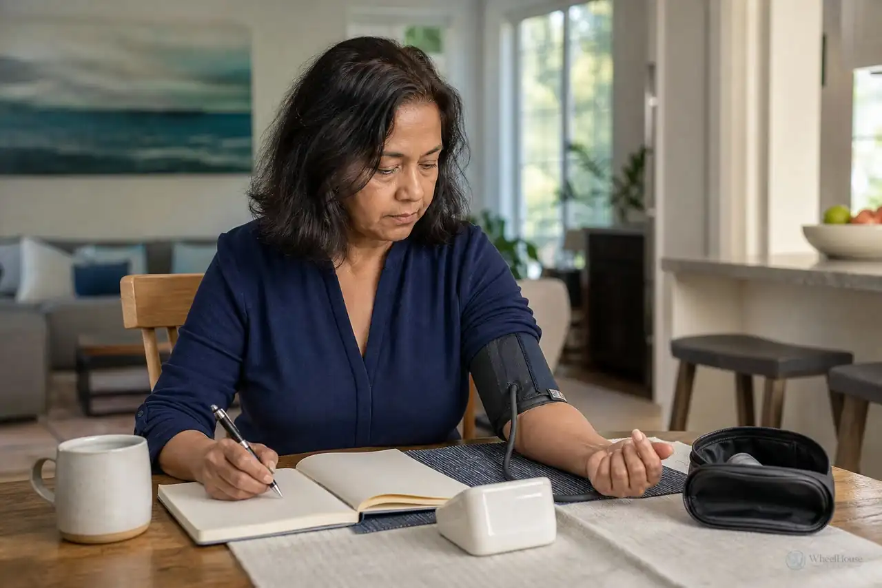 Patient preparing practical notes for home blood-pressure monitors and correct use