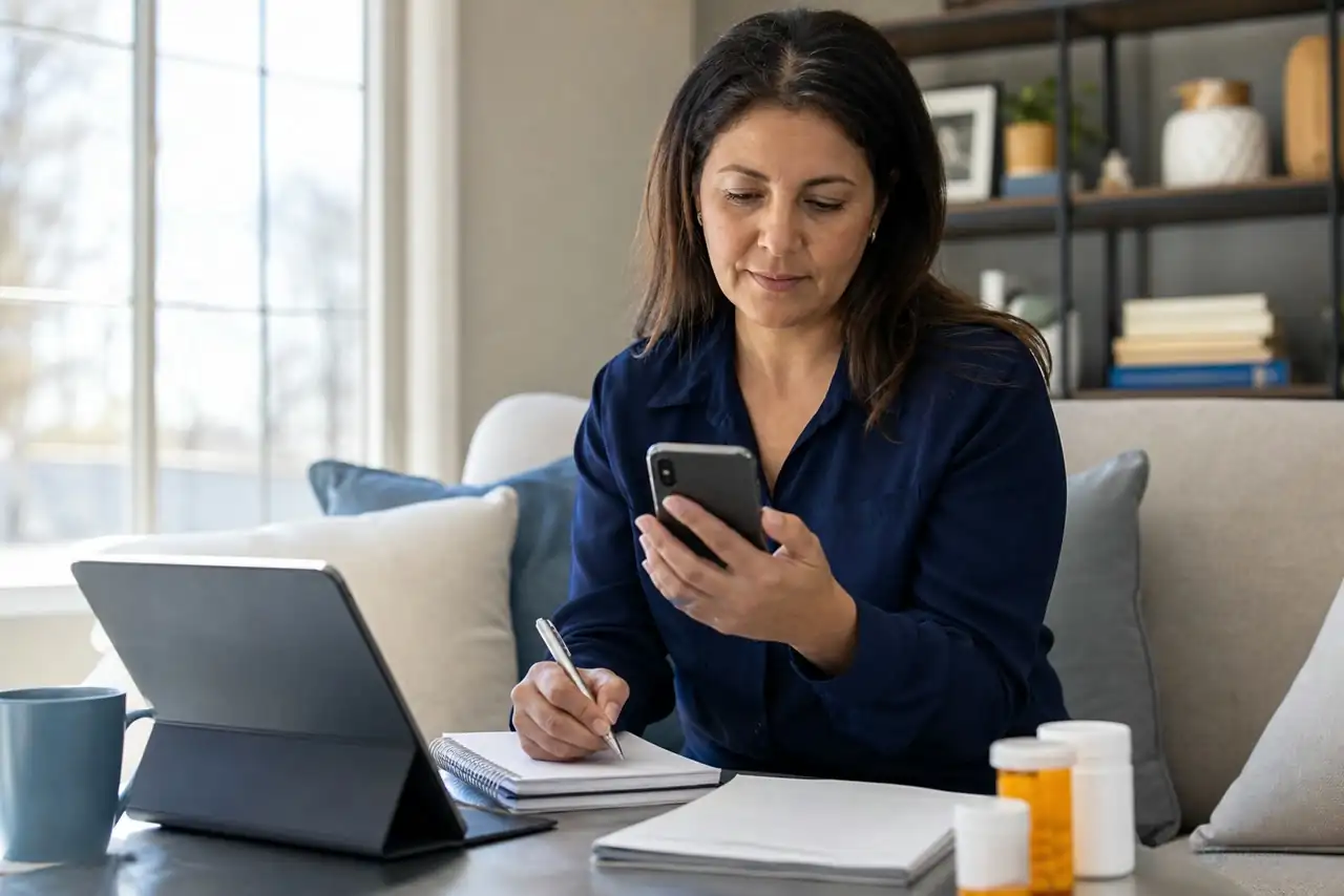 Patient preparing practical notes for secure non-urgent text chat with a nurse practitioner