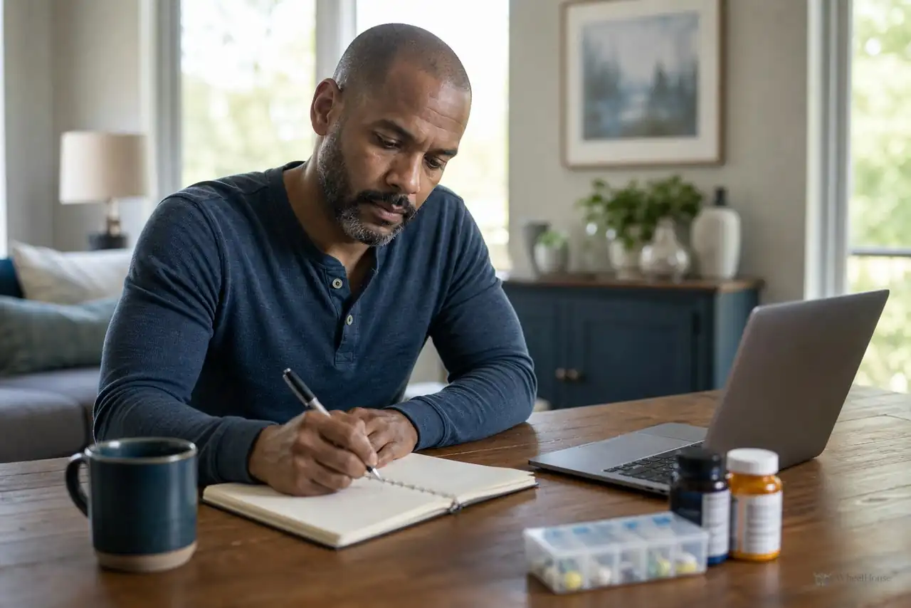 Patient preparing practical notes for low testosterone symptoms and testing