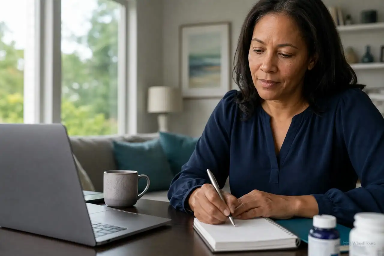 Patient preparing practical notes for menopause symptoms and treatment options
