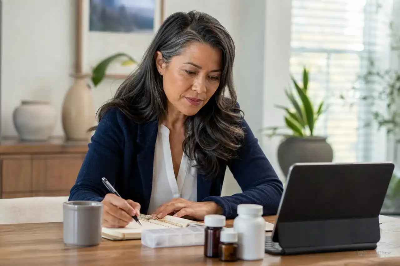 Patient preparing practical notes for menopause symptoms and treatment options