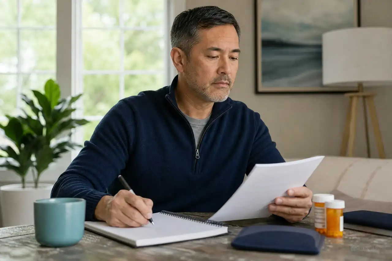 Patient preparing practical notes for prostate-health screening and symptoms