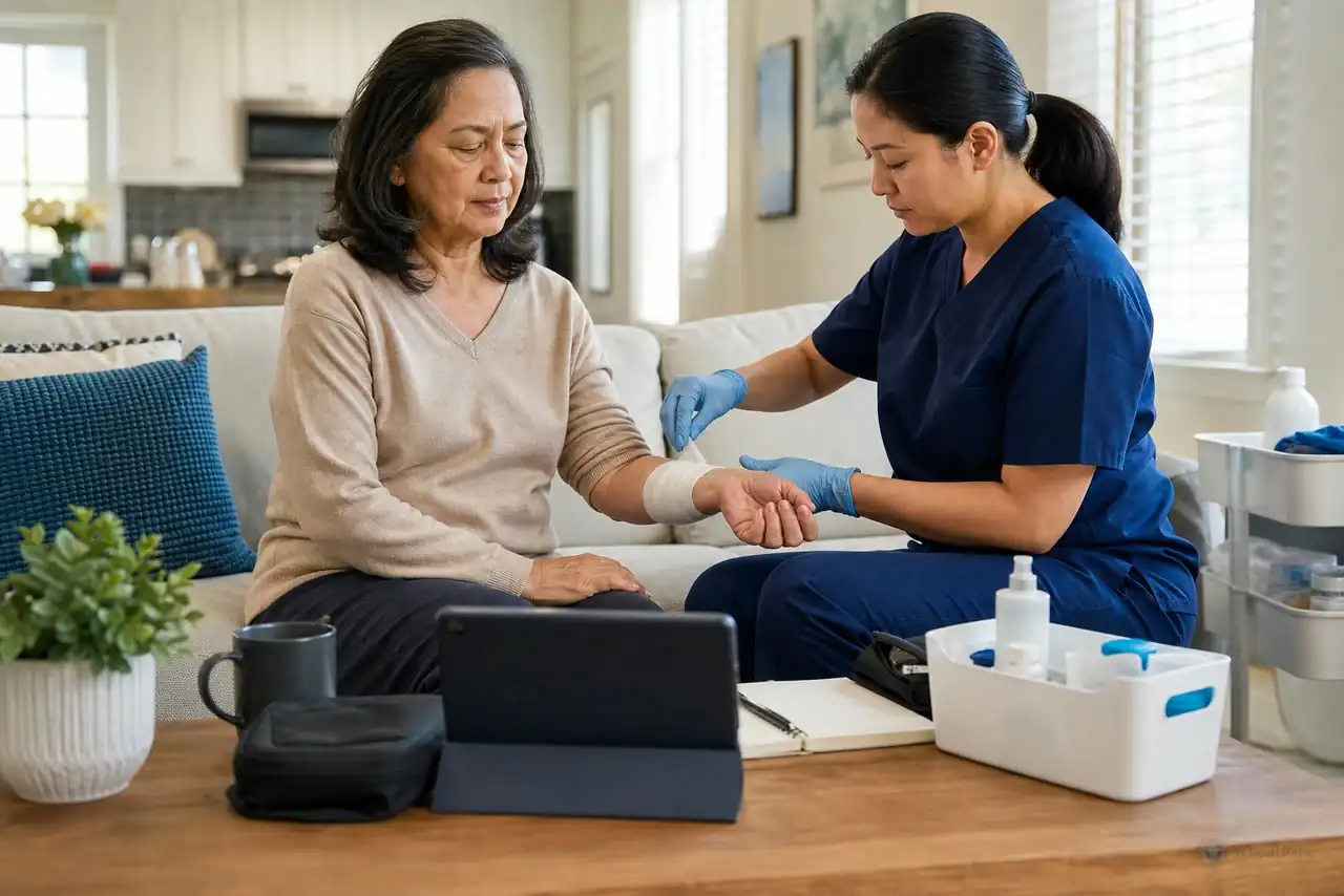 Patient preparing practical notes for home health-monitoring devices