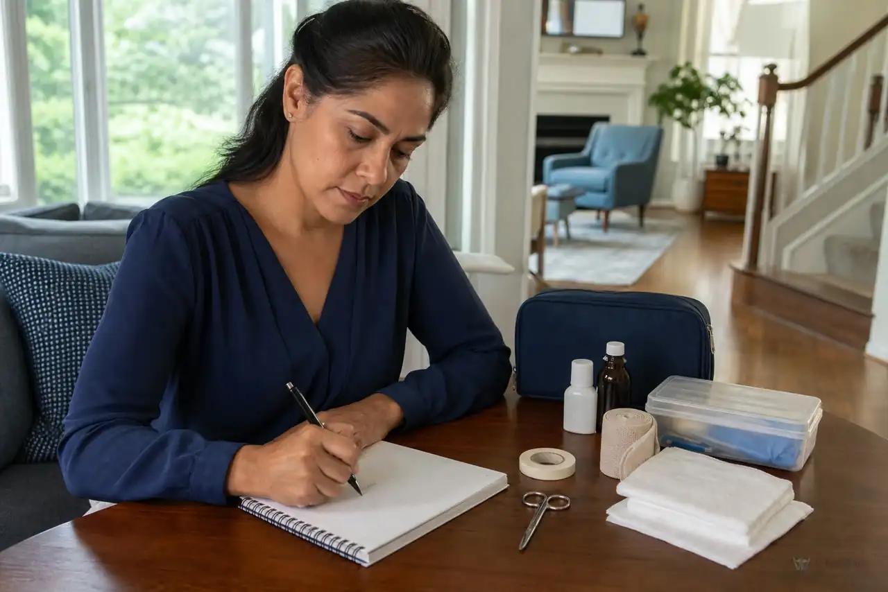 Patient preparing practical notes for signs of wound infection