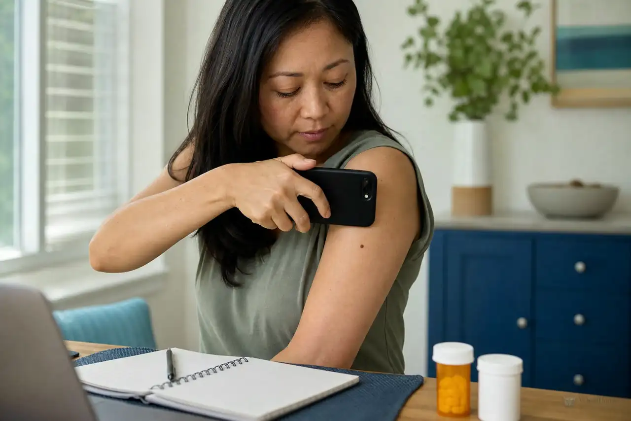 Patient preparing practical notes for skin-cancer warning signs and the ABCDE check