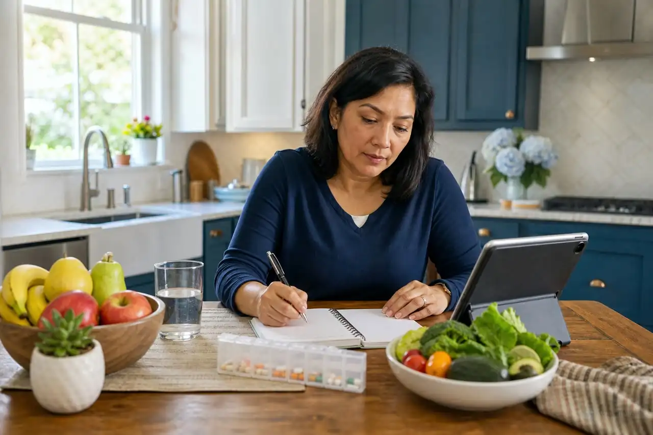 Patient preparing practical notes for the DASH eating pattern and blood-pressure planning