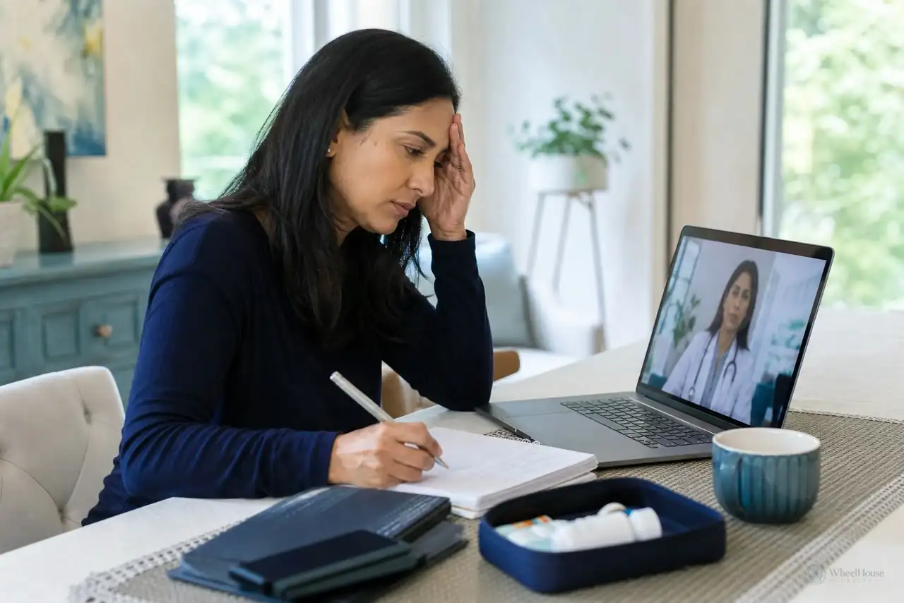 Patient preparing practical notes for headache or migraine symptoms