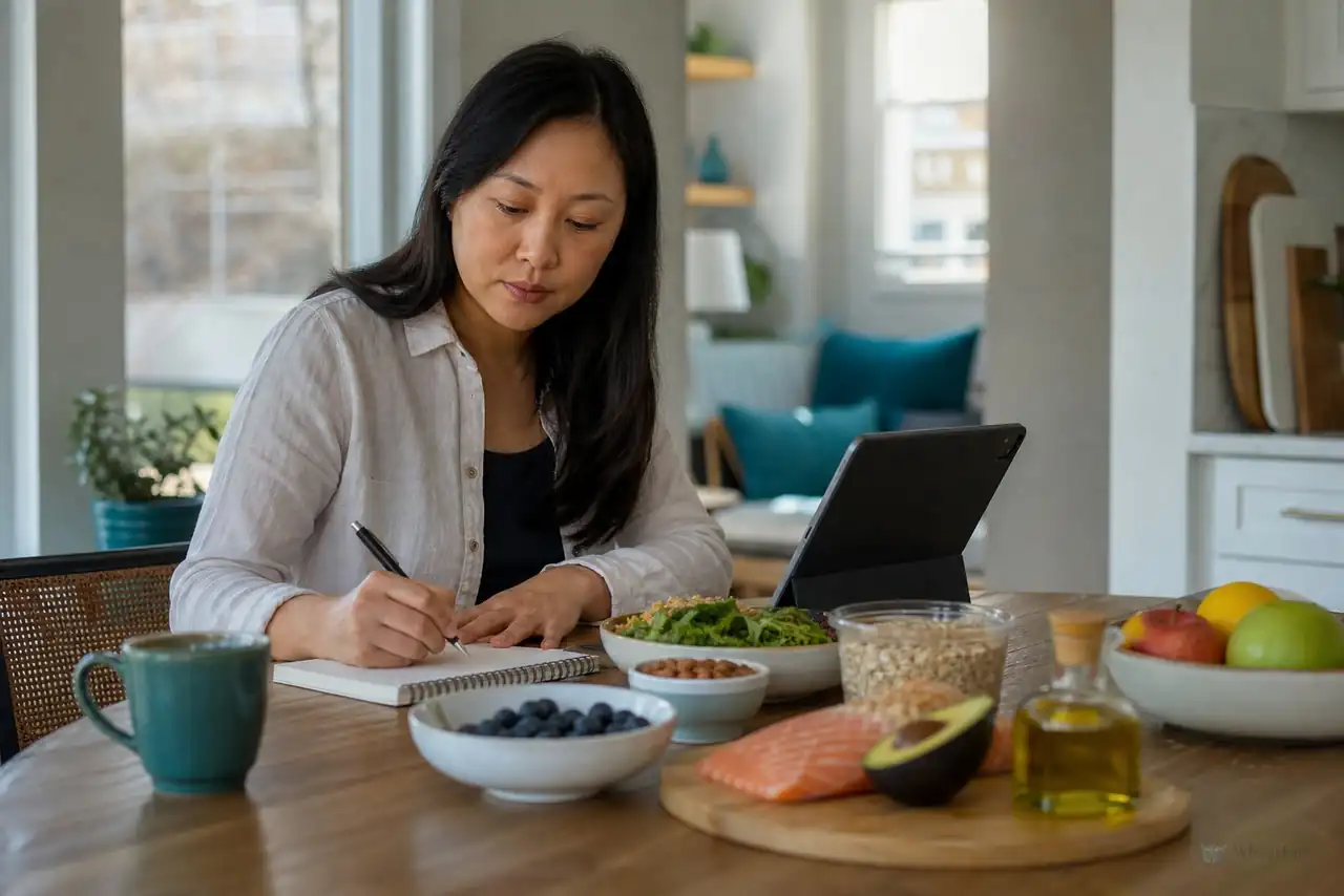 Patient preparing practical notes for food choices and cholesterol