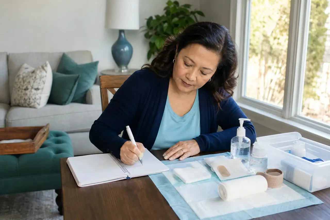 Patient preparing practical notes for wound-dressing choices