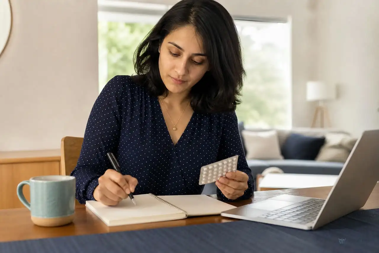 Patient preparing practical notes for birth-control refill and telehealth questions