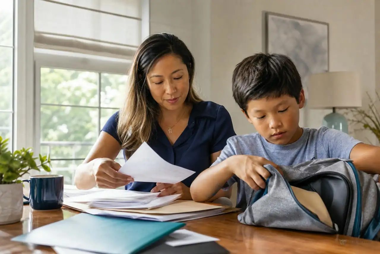 Parent organizing school and camp forms with a child at a home desk