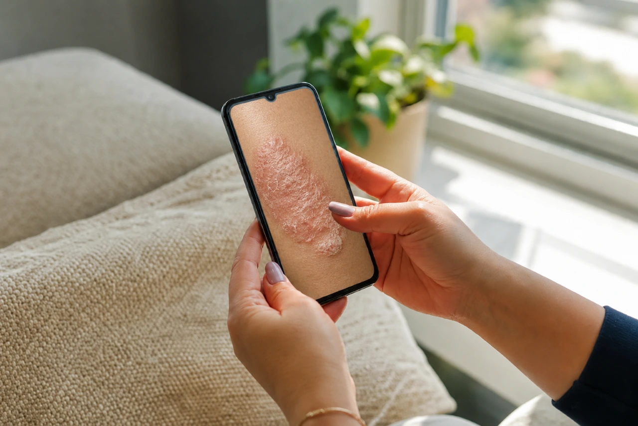 Patient using phone camera in natural light to prepare a non-identifying skin photo for a clinician