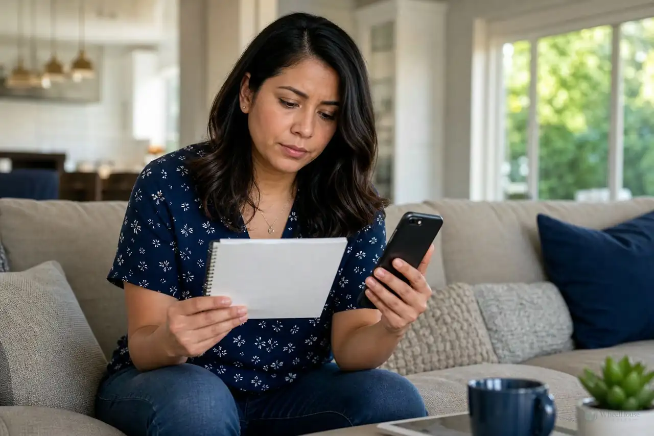 Adult comparing telehealth, urgent care, and emergency care options on a phone at home