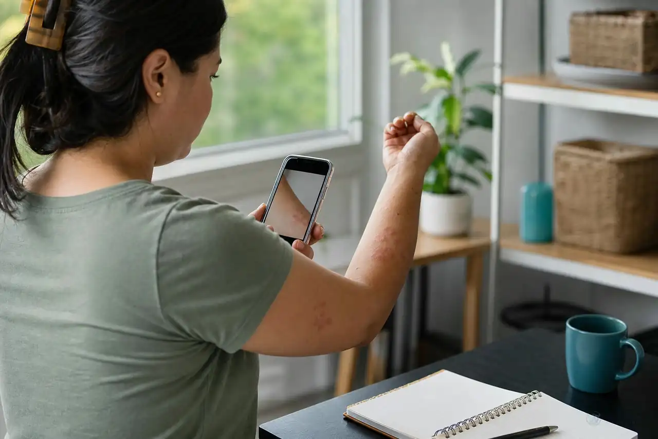 Patient preparing practical notes for a rash, bite, or sun-exposure skin reaction
